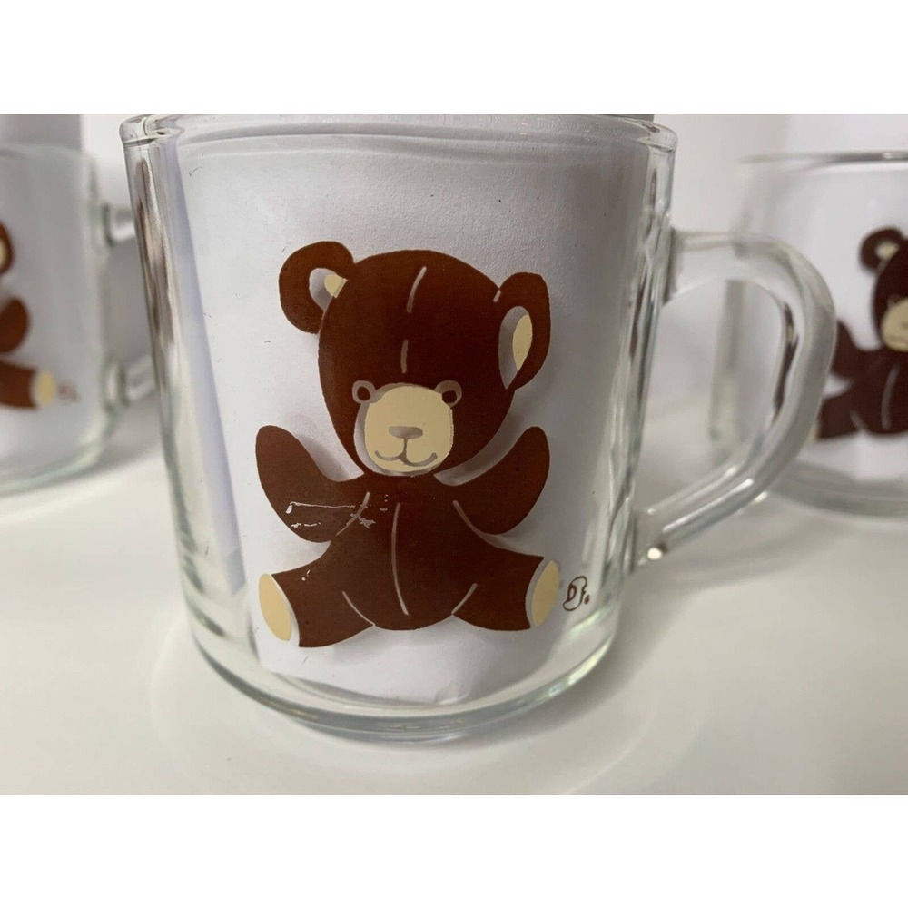 Vintage Glass Coffee Mug Set of 4 Clear Teddy Bear Design Luminarc